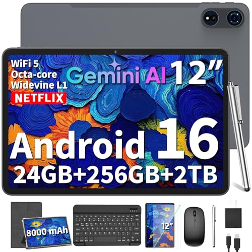YLEEBG 2026 12 Inch Large Tablet, Android 16 Tablet with Keyboard, 24GB+256GB+2TB Expand, Tablets PC with 2K Gemini AI, 8000mAh, Octa-Core, 16+8MP, 2 in 1 Tablets with Case, Mouse, Stylus (Grey Case)