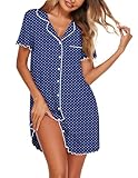 Ekouaer Nightgowns for Women Button Down Sleep Shirt Short Sleeve NightShirts Boyfriend Sleepdress Soft Pajama Dress,Dark Blue Dots,Medium