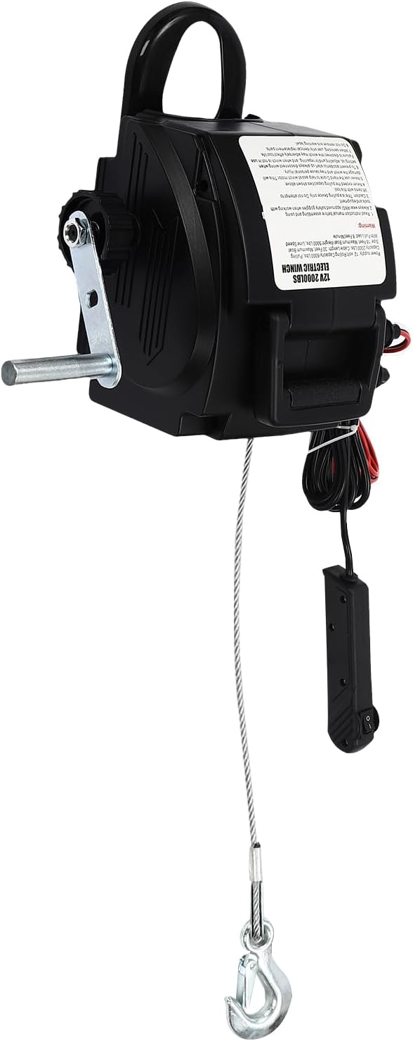 Electric Winch 12 V 300 W Motor Winch with Hand Crank 907 kg Pull Force 2 Control Modes Single-sided Winch Direction Electric Winch for Cars Trailers Trucks Yachts