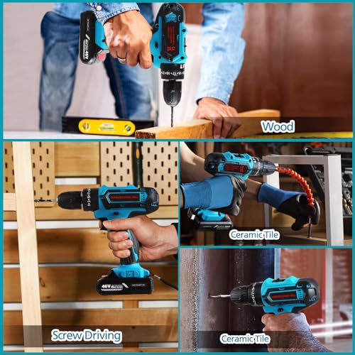 21V Akkuschrauber Set, Akku Schrauber, Akku Bohrmaschine, Akku Bohrschrauber Set mit 2 Akkus und 24 Zubehöre, 25+3 Drehmoment, 2 Geschwindigkeiten, LED-Licht für Heim- und Garten-DIY-Projekt (Blau) – Bild 4