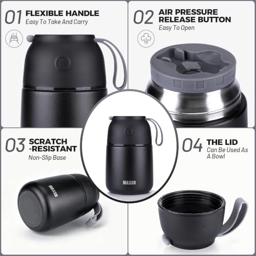 Image of Insulated Thermo Food Jar for Hot & Cold Food for Kids Adult, 17&24 oz Soup Thermal Hot Food Containers for Lunch, Triple Layer Insulation Stainless Steel Food Jar with Spoon (2 Pack Black)