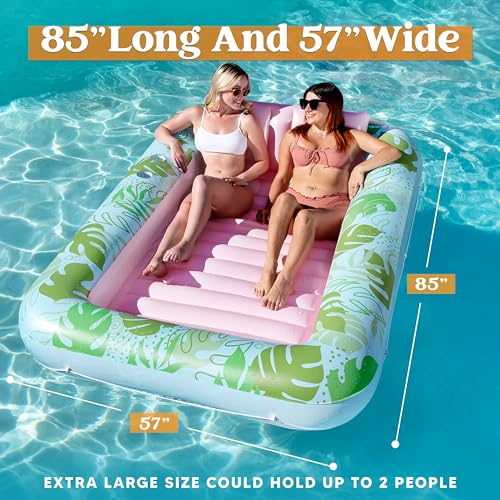Sloosh XL Inflatable Tanning Pool Lounger Float for Adults, 85" x 57" Extra Large Suntan Tub Pool Floats Sun Tan Tub Ice Bath Tub Tanning Bed Blow up Pool Raft Lounge Floatie, XL-Cyan Pink - 6