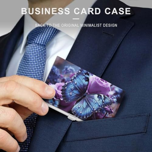 Business Card Holder Purple Rose with Beautiful Butterfly Business Card Case Slim Business Card Organizer with Magnetic Shut Professional Metal Name Card Holder Carry-on Pocket Wallet for Men Women3