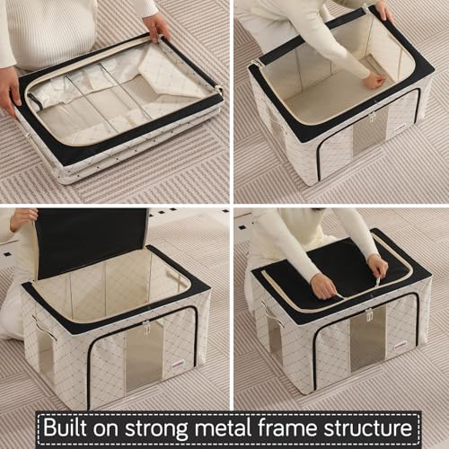 Image of HOKIPO 66L Folding Storage Box and Organiser for Clothes, 600D Oxford Fabric Storage Box, Ivory Noir Pack of 2 (AR-6486-BLK*2)