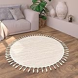Paco Home Teppich Wohnzimmer Schlafzimmer Kurzflor Boho Muster Ethno Modern Skandinavisch Rautenmuster 3D Effekt Mit Fransen, Grösse:120 cm Rund, Farbe:Creme