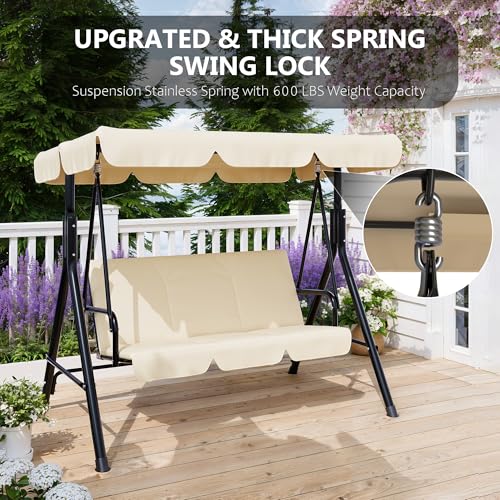 Image of Garvee Outdoor Porch Swing with Adjustable Canopy, 3-Seat Patio Swing Chair with Stand, Heavy Duty Outdoor Swing for Adults, Metal Frame Patio Swing for Garden, Backyard & Poolside,Khika