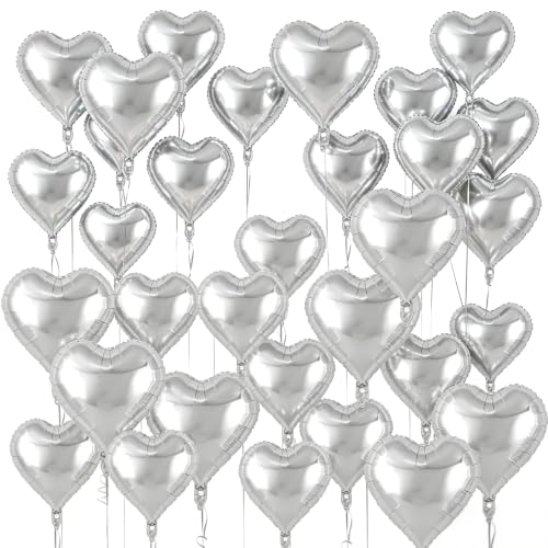 Image of 50 Pcs Silver Heart Balloons,5 Inch and 10 Inch Heart Foil Balloons Love Balloon Valentine Balloon for Birthday Party Wedding Engagement Party Baby Shower Valentine Day Decorations