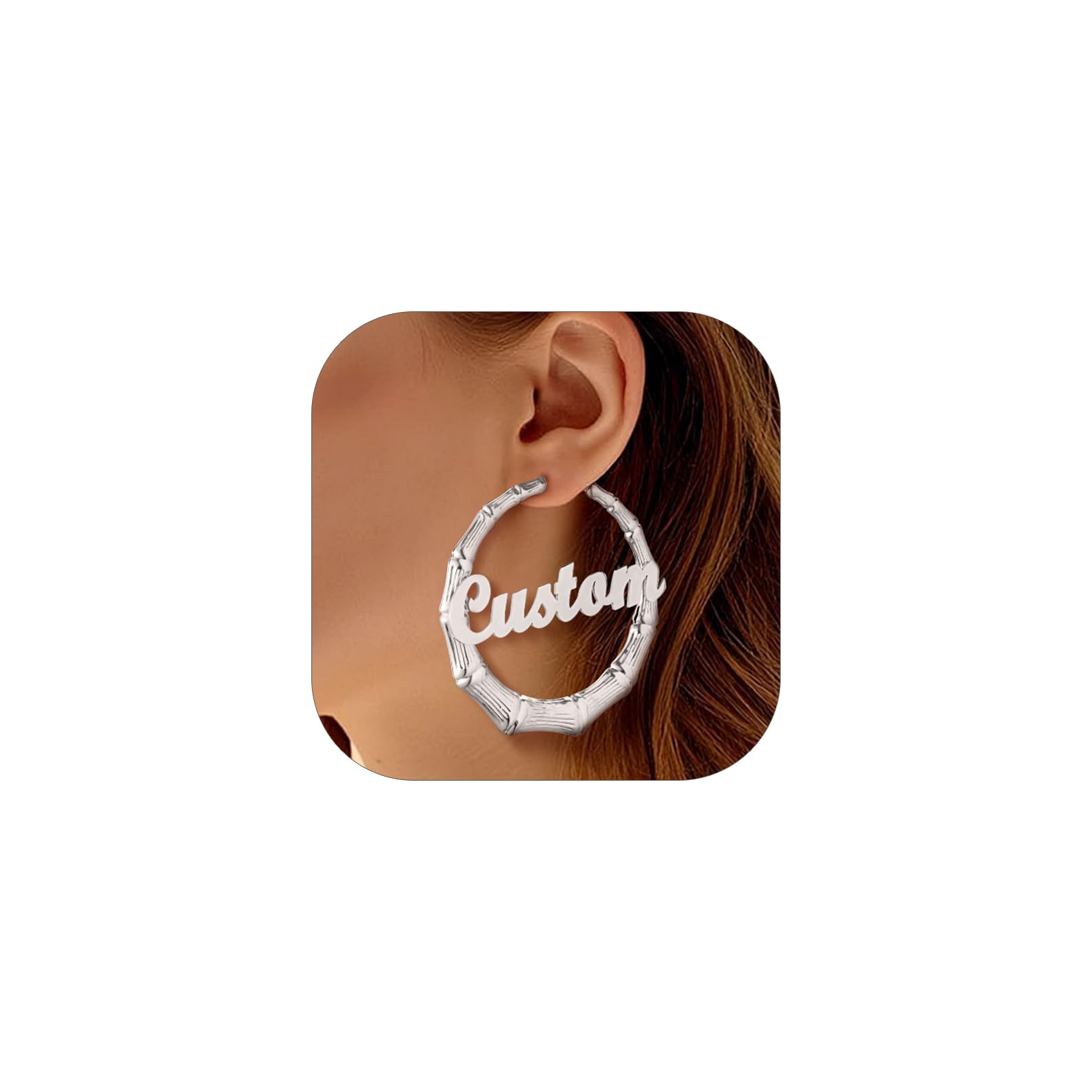Custom4U Bamboo Earrings for Women Personalized Gold Hoop Name Earrings