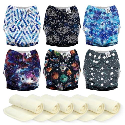 Image of Mama Koala 6 Pack Reusable Cloth Diapers 3.0 for Babies Girls Newborn, One-Size Adjustable Baby Diaper, Durable Stitching, Back Opening for Inserts, Breathable Awj Lining, Leak Prevention-Space