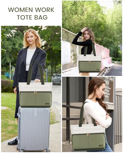 Image of LOVEVOOK Laptop Bag for Women 15.6 Inch Canvas Laptop Large Capacity Work Bags Mutiple Pockets Teacher Bag Water Resistant Computer Bags for Business Travel Nurse, Green Beige