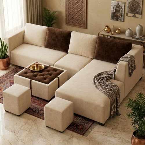 Image of FURNY Olympus 8 Seater RHS L Shape Sofa Set | Plush Velvet Suede Fabric | Modern Design | Soft Comfort Dual Color Cushions for Living Room, Office & Hotels (Cream-Dark Brown)