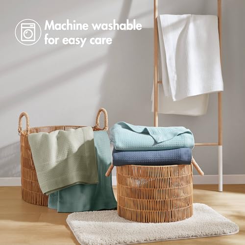 Image of Madison Park 100% Egyptian Cotton King Bed Blanket for Summer Sage Green | Cozy Soft Breathable Durable, Waffle Weave Woven Casual, Lightweight Knit All Season Throw for Bed Couch or Sofa, OEKO TEX