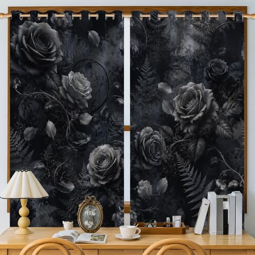 Rideau occultant noir motif fougère 132x137 cm pour salon - 5