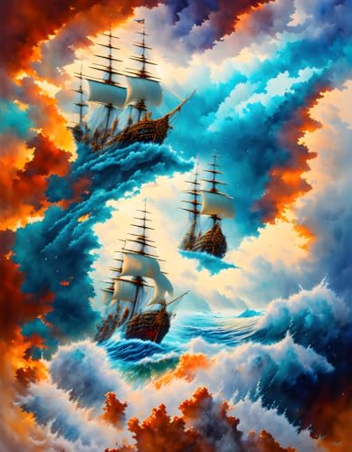 Bateau pirate déco salon peinture tempête océanique sans cadre 50x70 cm