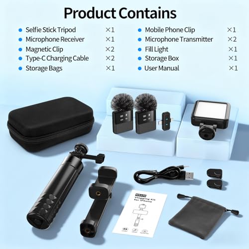 yAyusi Kit Vlogging para iPhone, Kit para Youtubers, Incluir Trípode 2 en 1, Luz LED, Micrófono con Estuche de Almacenamiento, Ideal para Entrevistas Callejeras y Grabación de Vlog - imagen 7