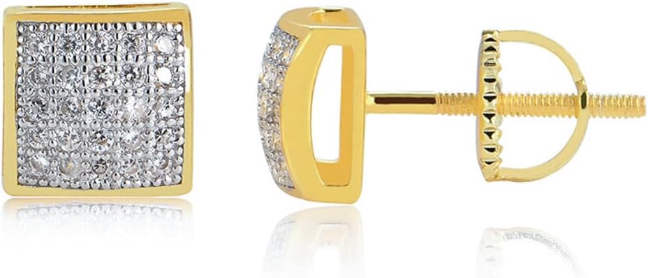 Mens Small 3D Square Iced 5A Cz Stone Two Tone 14K Yellow Gold Plated 925 Sterling Silver Screw Back Post Hypoallergenic Hip Hop Cubic Zirconia Earrings - Image 6
