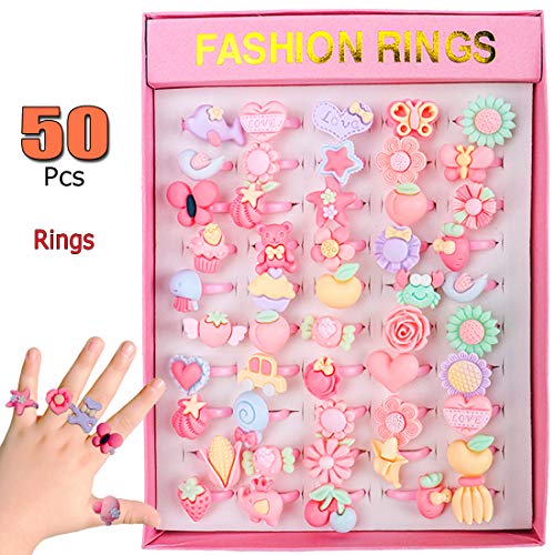 50pcs Kids Rings for Girls, Kids Jewelry for Little girls Toddlers, Girl Pretend Play and Dress up Rings, Little Girls Gift with Heart Shape Box, Top Toys Unique Gifts for 3 4 5 6 7 8 9 Year Old Girls