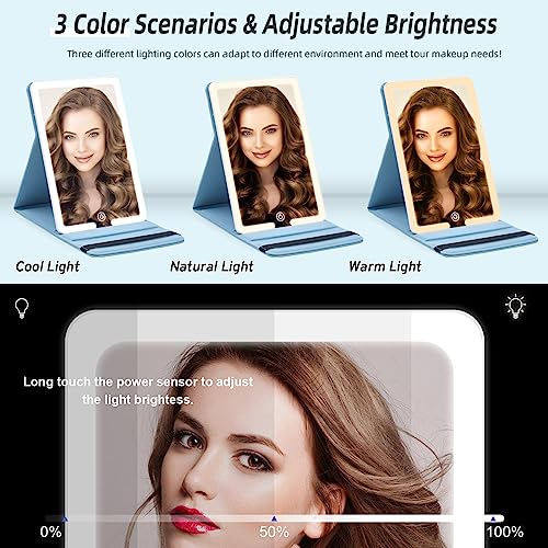 Travel Makeup Mirror With Round 20X Magnifying Mirror, Pu Leather Cover Vanity Mirror With Lights Of 8X5.5Inch, 3 Color Modes 1500Mah Battery Cosmetic Mirror For Home, Office And Travel Use #TOP2