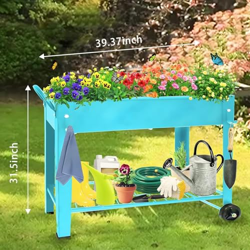 Hochbeet, Stehender Pflanzkasten, Blumenkasten mit Ablageboden, Kräuterbeet, Hochbeete-Kit aus Metall, Pflanzbeet Blumenbeet für Garten Balkon Terrasse, 100 x 28 x 80 cm, Rechteckig, Blau