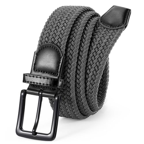 Image of VONMELLI Elastic Belt for Men, Mens Belts Casual for Jeans Pants Woven Braided Web Belt for Golf 1.3 inches Width Grey Up to 33"