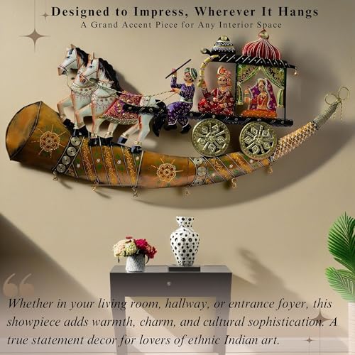 Traditional Indian Wall Decor – Iron Chariot with Horses & Royal Figures – Decorative Wall Hanging with Built-In Warm LEDs, Ethnic Metal Home Decor for Living Room, Diwali, Housewarming — photo — 2 of 9