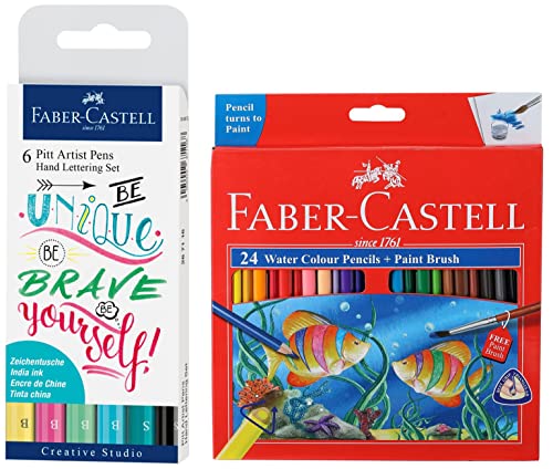 Image of Faber-Castell Hand Lettering Pitt Artist Pen Set - Pack of 6 Water Color Pencils with Paint Brush - Pack of 24
