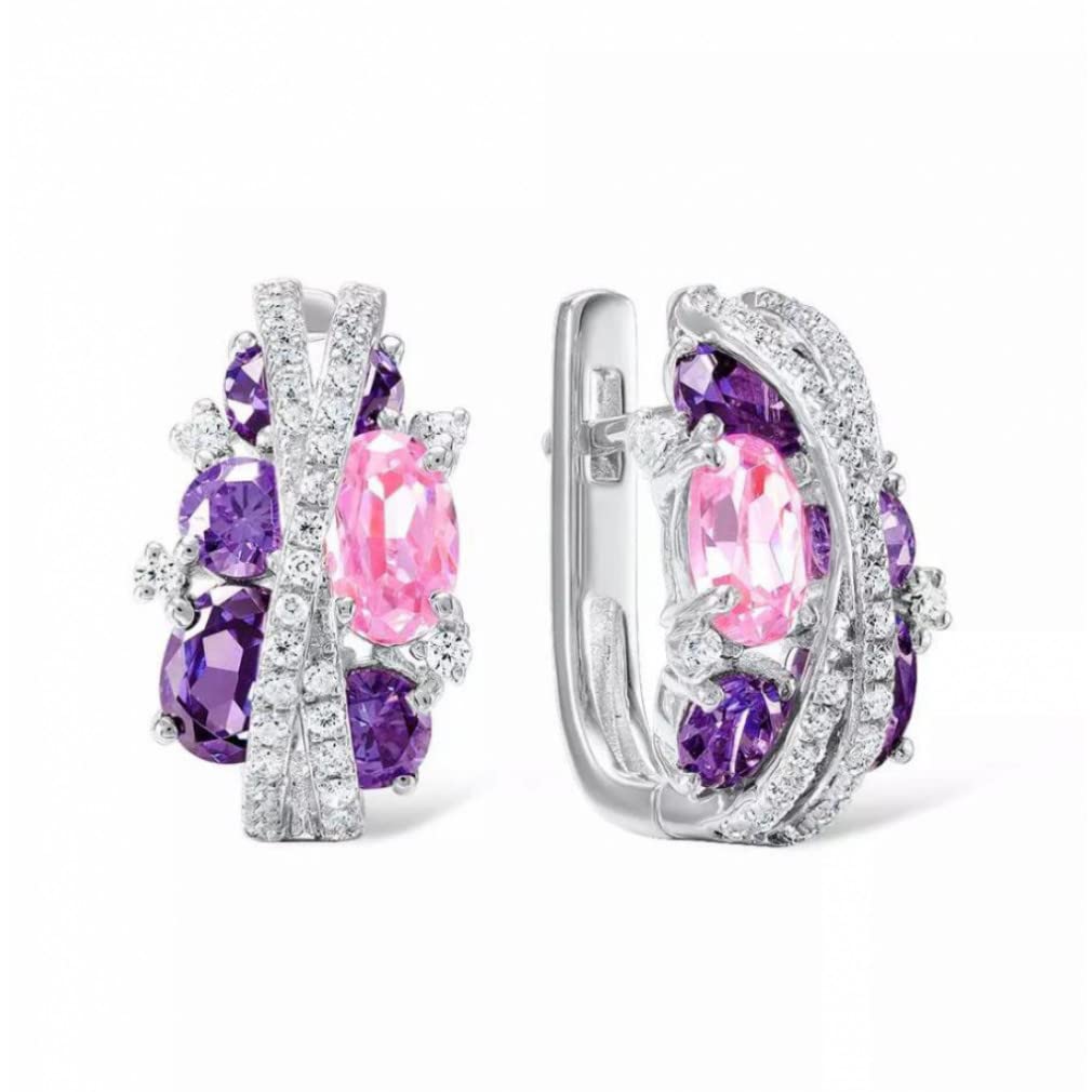 925 Silber Schmuck Set für Damen Funkelnde Lila Amethyst Rosa Zirkonia Ohrringe Ring Set Edlen Schmuck