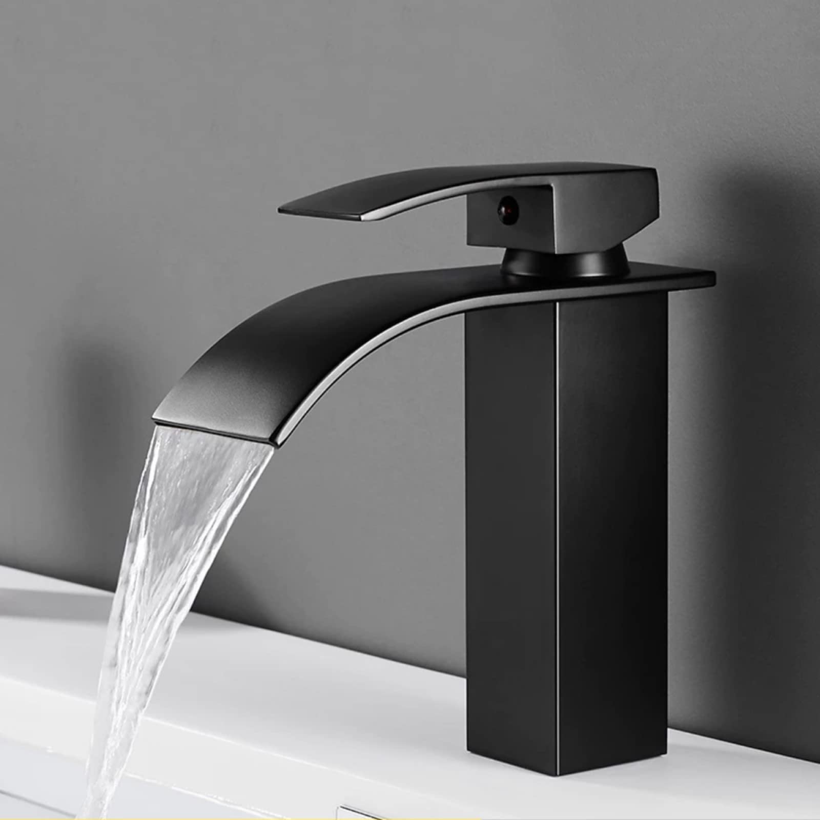 Robinet de lavabo de salle de bain cascade noir monocommande court en inox