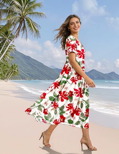 Image of YESNO Women's Summer Maxi Dresses Casual Floral Short Sleeve V Neck Boho Beach Vacation Swing Dress with Pockets EVF
