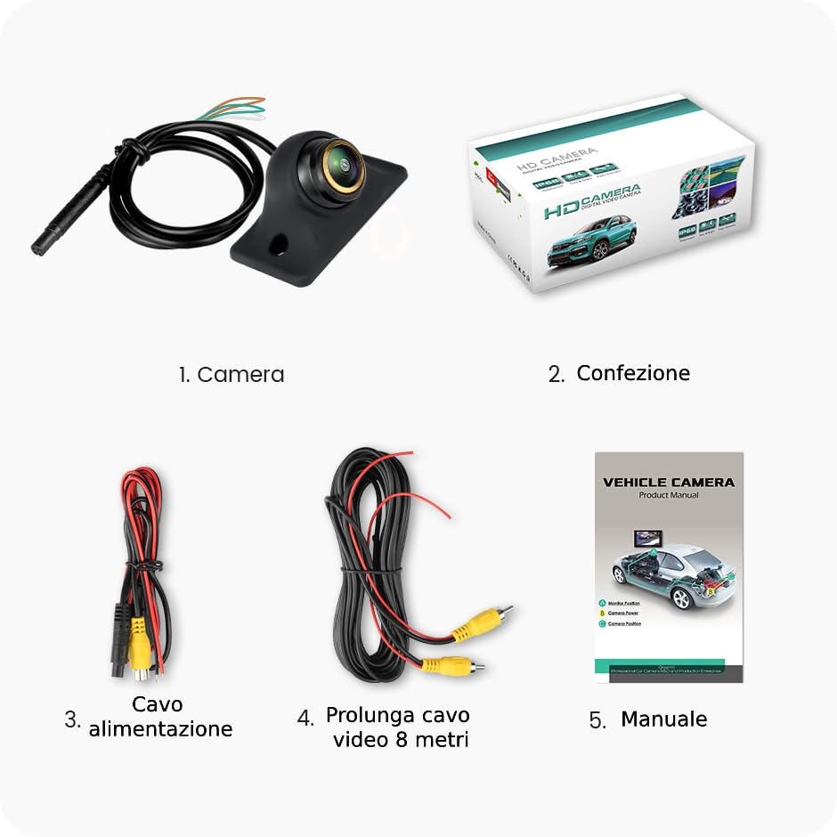 Proxel Telecamera Retrocamera Posteriore AHD 1080P per Auto – Grandangolo Fisheye Regolabile, Visione Notturna, Impermeabile IP69, Compatibile con Autoradio e Monitor AHD – Per Auto, Camper, Furgoni