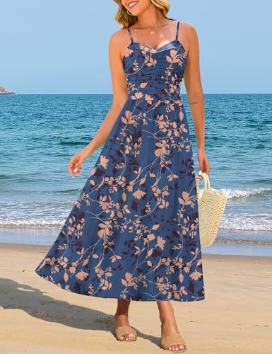 Image of Annebouti Women 2026 Summer Spring Ruched Maxi Dress Adjustable Spaghetti Strap Floral Beach Long Sundress with Pockets
