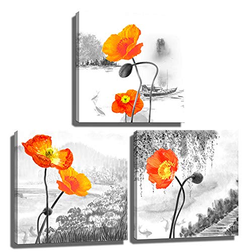 Derkymo3 Panels Orange Poppy Picture Prints On Canvas Black And White Wall Art Elegant Flower Artwork For Dining Room Bedroom Framed Ready To Hang 12"X12"X3Pcs #TOP3
