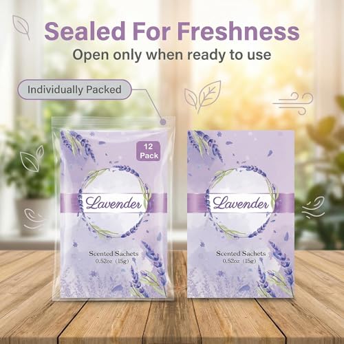 Image of 12 Packs Lavender Scented Sachets for Closets and Drawers - Natural Lavender Essential Oil Hanging Bags with Retractable Hook - Ideal for Lingerie, Silk Sheets, Bedding & Nightwear Care