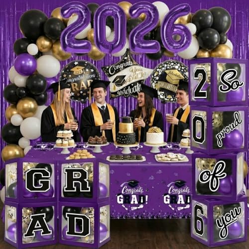 Image of 107 Pcs Black and Purple Graduation Decorations Class of 2025 - Graduation Balloon Boxes, Balloon Arch Garland Kit, Party Decorations 2025 for Any Grades