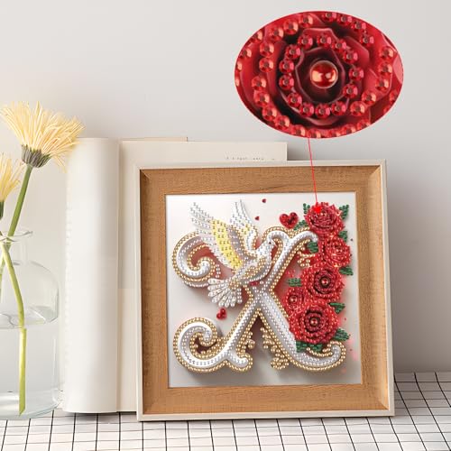 Image of AiYuanzsh 5D Diamond Art Kits for Adults Letter X, Rose & Dove Alphabet Special Shape Diamond Dots Painting, DIY Rhinestones Gem Art Craft for Home Decor and Valentine's Day Gift 17x17cm