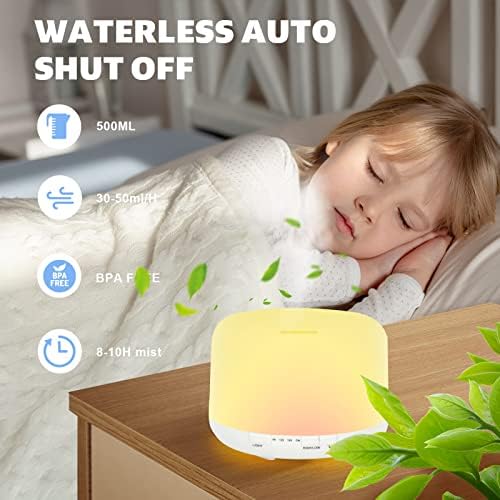 500ML Diffusore di Oli Essenziali con Telecomando, Senza BPA Ultrasuoni Umidificatore, Diffusore di Aromi con 7 Colori LED Luce Spegnimento Automatico - Bianco