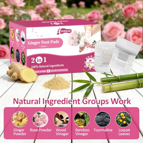 Image of TEWEAE 100 Pads Foot Pads for Better Sleep, 2 in 1 Natural Rose Ginger & Bamboo Vinegar Turmeric Wormwood - No Off - Improves Sleep and Relaxation - Premium Foot Care Good Night Foot Patches