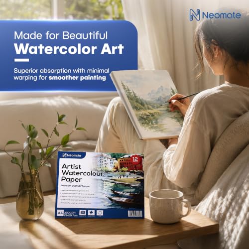 Image of Neomate Artists Watercolour Paper | 300 GSM, Size A4, Cold Pressed | Pack of 12 Sheets | Ideal for Artist, Professional Drawing, Painting Dry & Wet, Fine Arts Students
