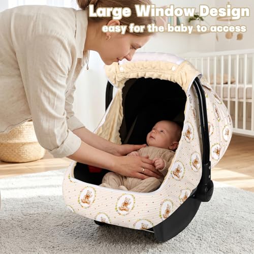 Image of Hooyax Baby Car Seat Cover with Dual Zipper, Extra Large Mesh Window Carseat Canopy, All-Season Weather Protection for Infant Car Seats & Strollers (Bear)