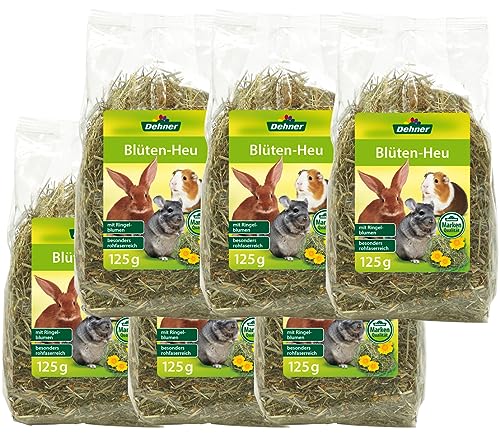 Dehner Nagersnack, Blüten-Mix rohfaserreich, für Zwergkaninchen / Nager, Heu / Ringelblume, 6 x 125 g (750 g)