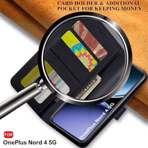 Image of TheGiftKart Genuine Leather Finish Flip Back Cover Case for OnePlus Nord 4 5G | Inbuilt Pockets & Stand | Wallet Style | Designer Button | Flip Cover Back Case for OnePlus Nord 4 (Faux Leather, Black)