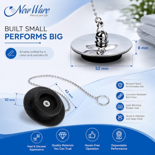 Image of NEW WARE 40mm Bath Tub Chain Drain Stopper | Bathroom Sink Basin Rubber Stopper with Metal Chain | Universal Fit Water Drain Cover for Wash Basin Bathtub Kitchen Sink Black Color Home Use Pack