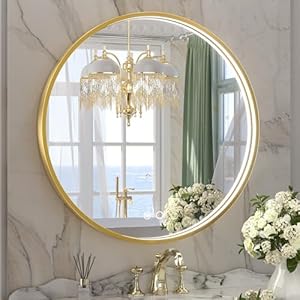 Keonjinn 24 Inch Gold Round LED Bathroom Mirror with 3000K/4500K/6000K Lights, Framed Front Lighted Circle Mirror Dimmable, Lighted Vanity Makeup Mirror with Anti-Fog UL Listed CRI≥90