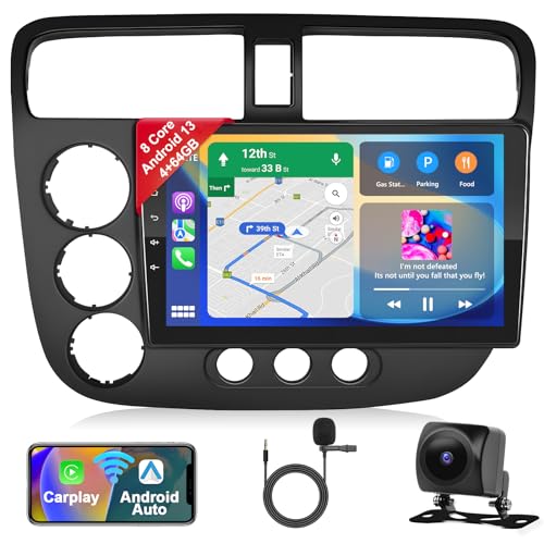 Podofo 4+64G Car Stereo Radio for Honda Civic 2001 2002 2003 2004 2005 with Wireless Apple Carplay Android Auto, 9