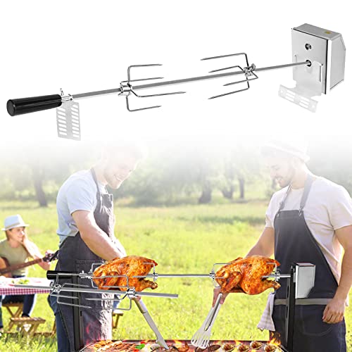 HENGMEI Edelstahl Grillspieß Set 107cm BBQ Fleischklammer mit Motor inkl. Fleischnadeln, 220V - 240V, Elektrischer Drehspieß, Rotisserie, Drehspiess