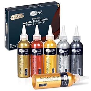 Artina 6 x 150ml Acrylverf Set Metallic Crylic – Acrylverf Goud, Zilver, Brons, Koper – Lichtgevende Metallic Acrylverf…