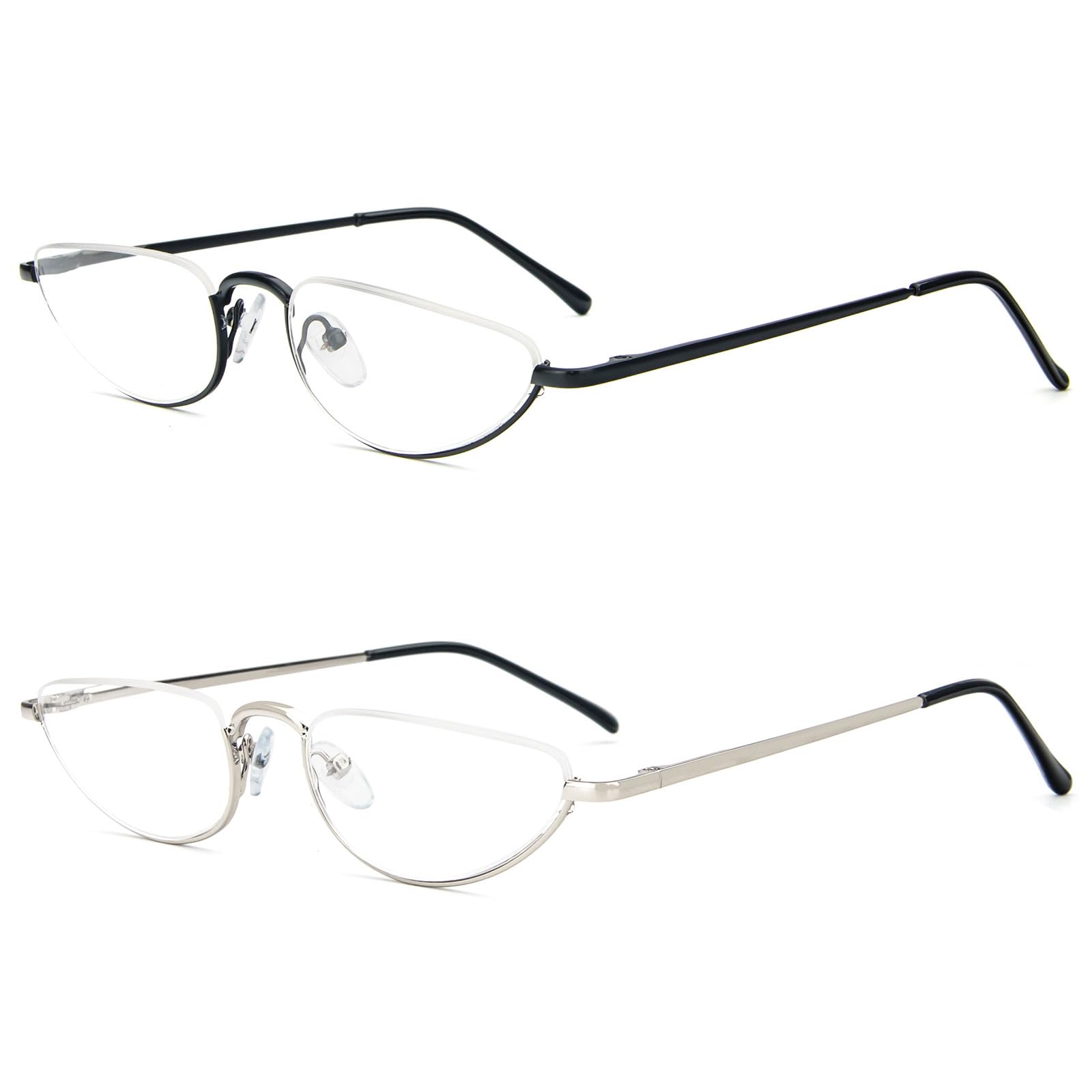 KoKoBin 2 Pack Reading Glasses Unisex Half Moon Half Frame Metal Spring Hinge Slim Reader (Black Gold, 1.00, Dioptres)