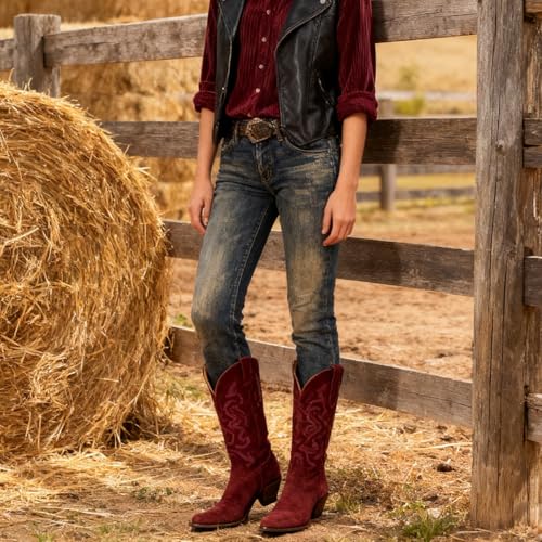 Image of LEHOOR Cowboy Boots Women Embroidered Mid Calf Western Boots Stacked Low Heel Pointed Toe Pull On Cowgirl Boot 4-11 M US