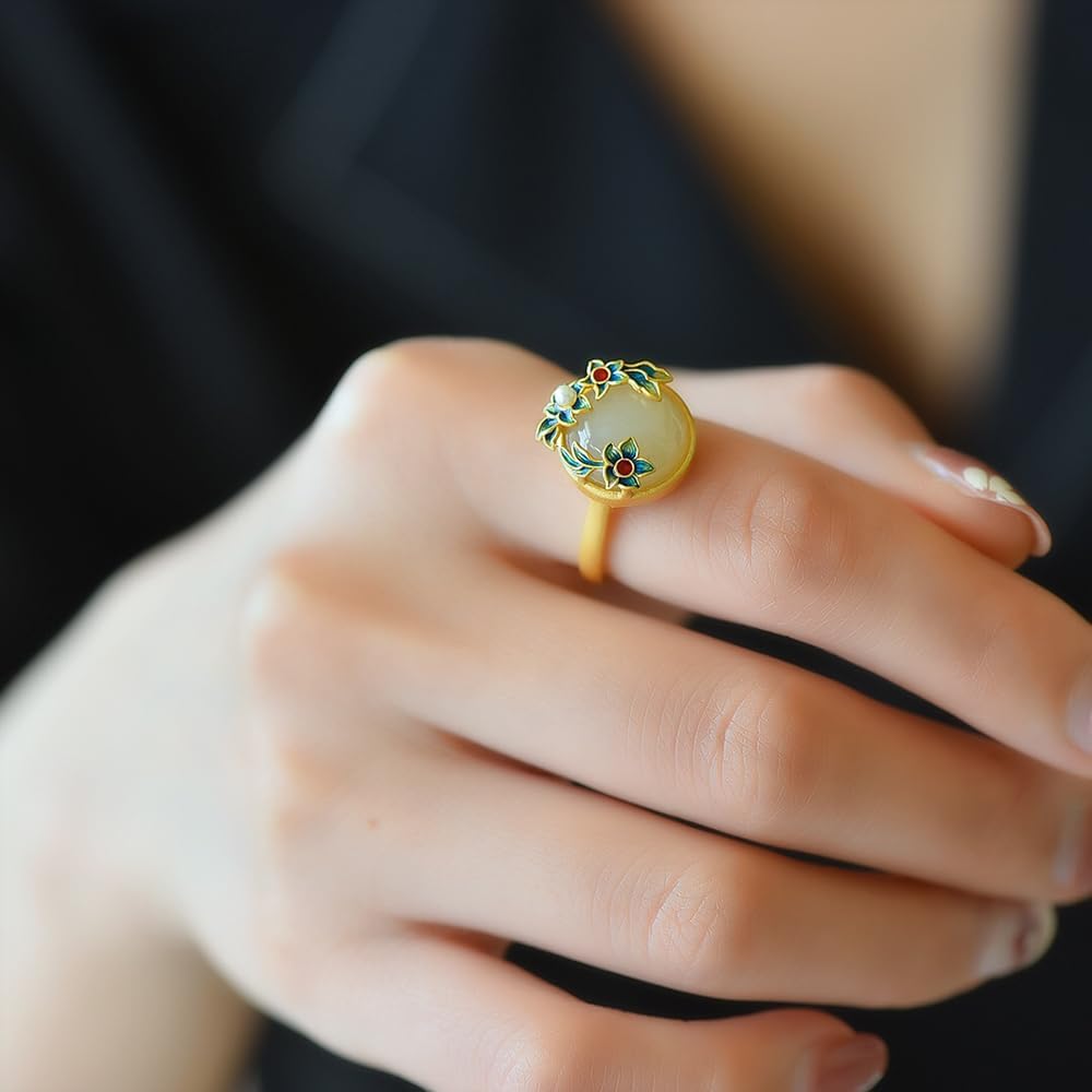 S925 Silver-Inlaid Natural White Jade Round Enamel Ring Opening Adjustable Including Certificate