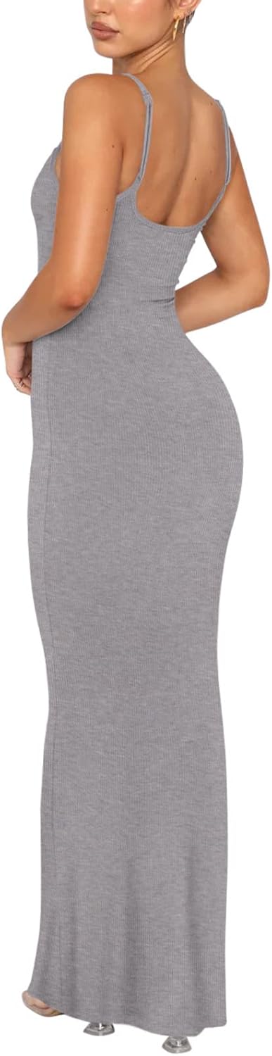 REORIA Women's Basic Sexy Lounge Slip Long Dress Elegant Sleeveless Backless Ribbed Bodycon Maxi Dresses - Image 4
